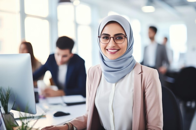 Portrait of muslim businesswoman with glasses in modern office working on computer