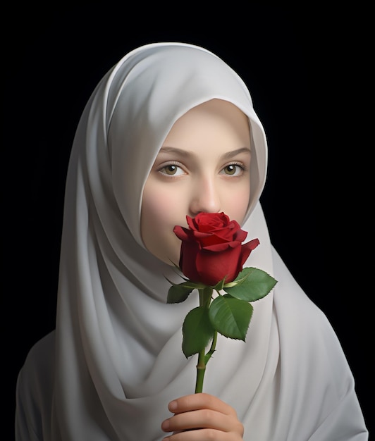 히잡을 쓴 이슬람 소녀의 초상은 초현실적이고 세밀하게 클로즈업되어 있다