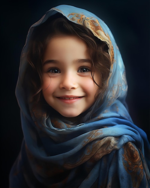 ヒジャブを着たイスラム教徒の子供の女の子の肖像画を超リアルにクローズアップし、細部まで