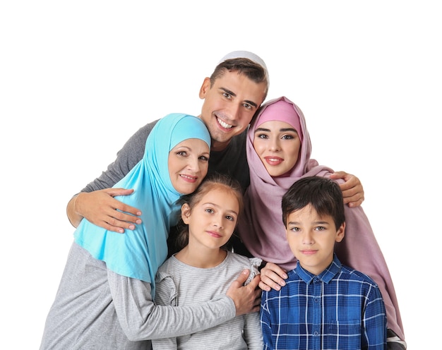 Portrait of Muslim family on white