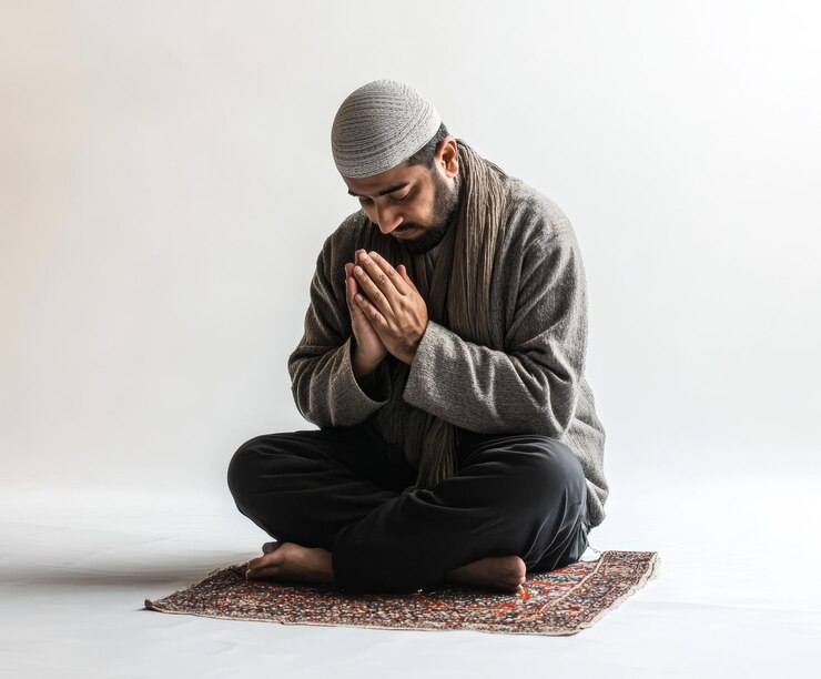 Photo portrait of muslim man praying on white background with studio lighting ambiance