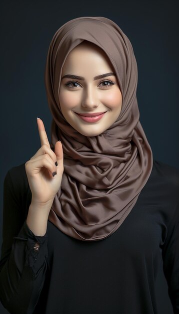 Portrait of a muslim woman wearing a hijab pointing finger up
