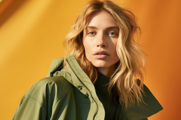 Photo portrait of a mysterious blueeyed blonde in a green demi jacket against an orange wall