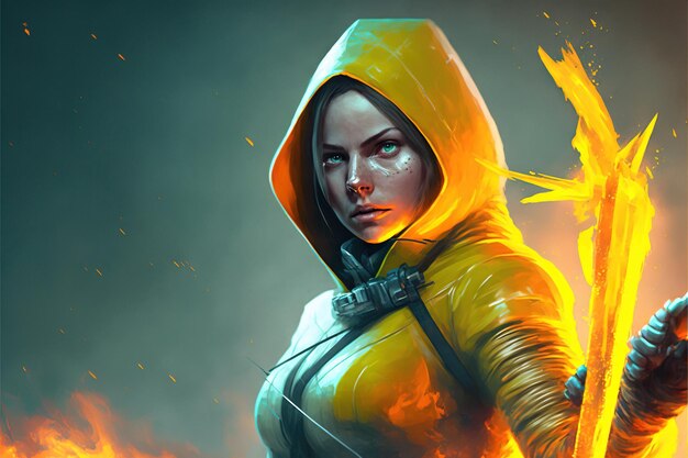 Portrait of a mysterious woman standing with fire bow in hands Woman in a biohazard suit holding a fire bow Digital art style illustration painting