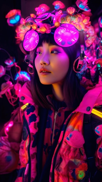 Portrait of a mystical fantasy bioluminescent neon woman glamorous fashionable lady