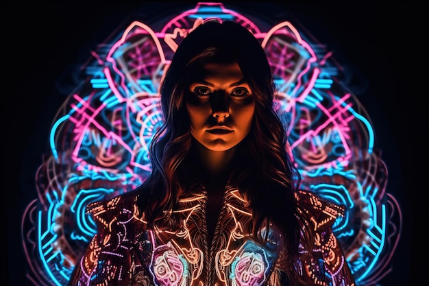 Portrait of a mystical fantasy bioluminescent neon woman Glamorous fashionable lady