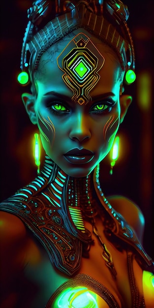 Portrait of a mystical fantasy bioluminescent neon woman Glamorous fashionable lady