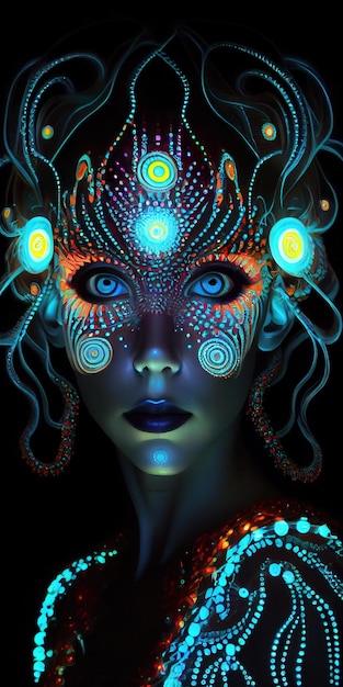 Portrait of a mystical fantasy bioluminescent neon woman Glamorous fashionable lady