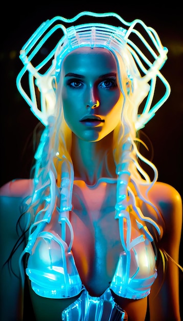 Portrait of a mystical fantasy bioluminescent neon woman Glamorous fashionable lady