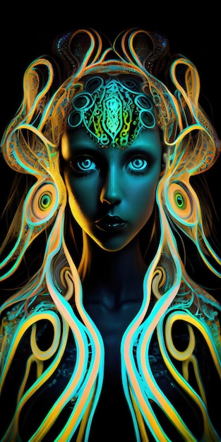 Photo portrait of a mystical fantasy bioluminescent neon woman glamorous fashionable lady