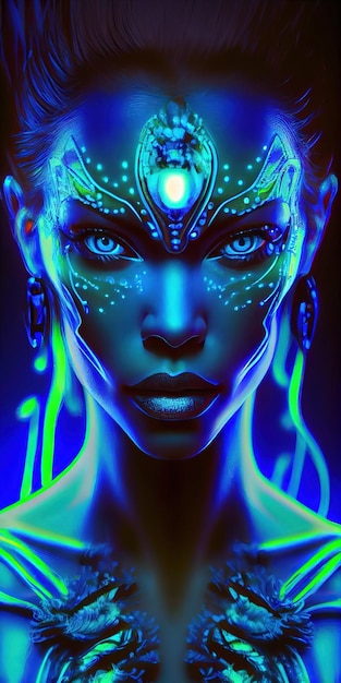 Portrait of a mystical fantasy bioluminescent neon woman Glamorous fashionable lady