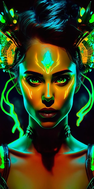 Portrait of a mystical fantasy bioluminescent neon woman Glamorous fashionable lady