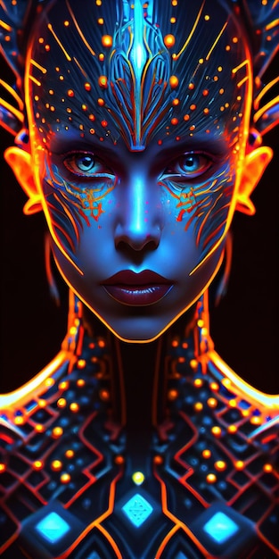 Portrait of a mystical fantasy bioluminescent neon woman Glamorous fashionable lady