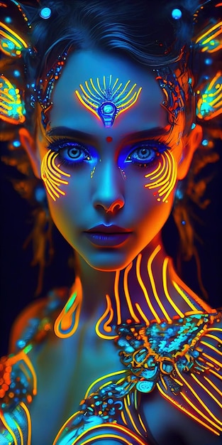 Портрет мистической фантазии биолюминесцентной неоновой женщины Гламурная модная леди