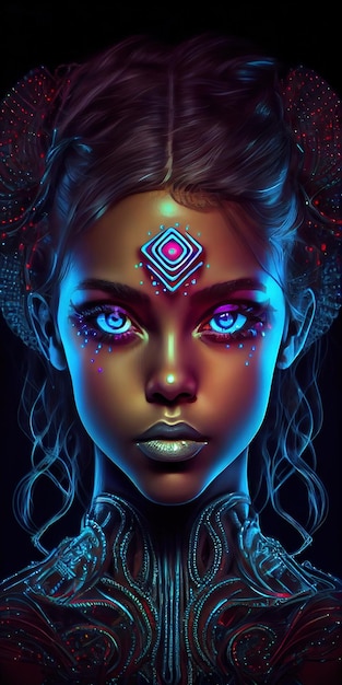 Portrait of a mystical fantasy bioluminescent neon woman Glamorous fashionable lady