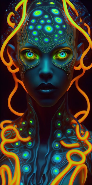 Портрет мистической фантазии биолюминесцентной неоновой женщины Гламурная модная леди