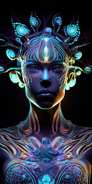 Portrait of a mystical fantasy bioluminescent neon woman Glamorous fashionable lady