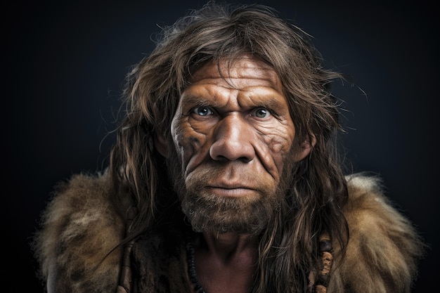 Photo portrait of a neanderthal cave primitive man stone age history of human evolution