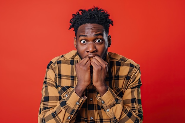 Portrait of nervous African American man biting nails and looking at camera on red background Stress and people concept