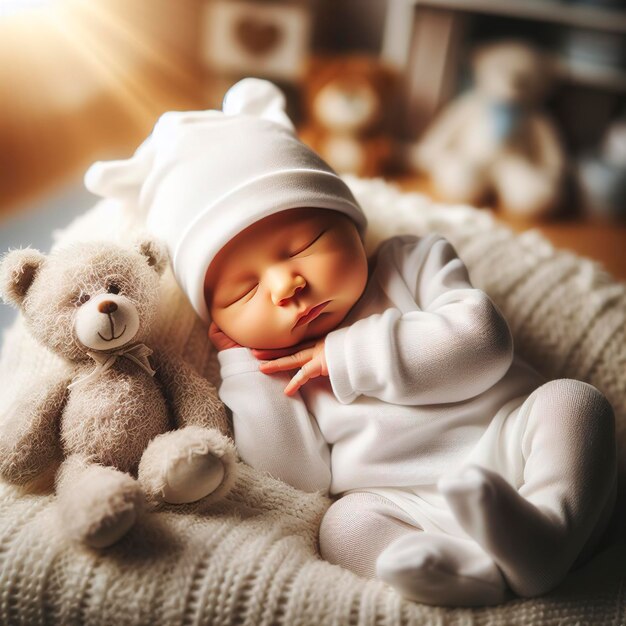 Portrait of newborn baby with plush animal