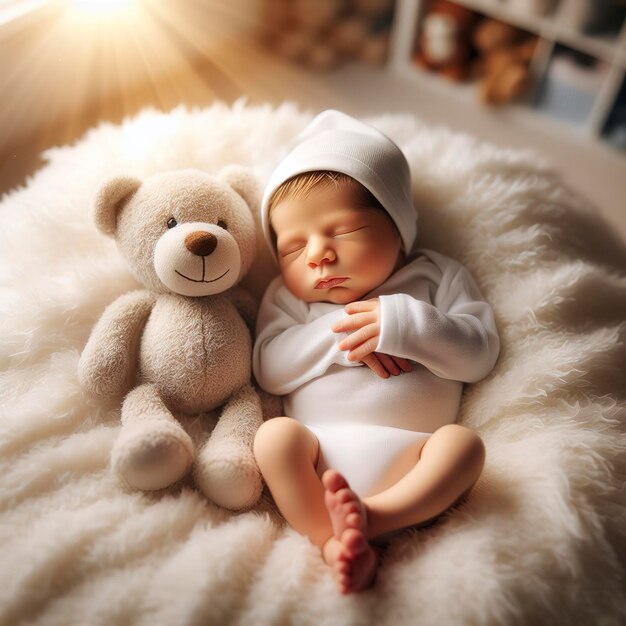 Portrait of newborn baby with plush animal