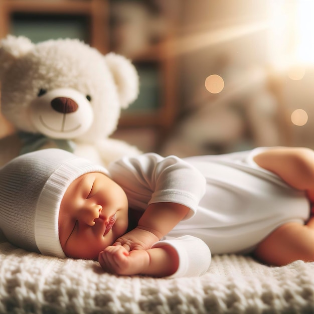 Portrait of newborn baby with plush animal