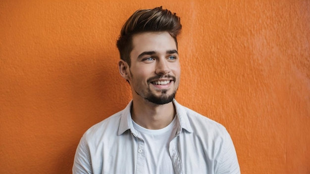 Portrait of nice young man with stylish hairstyle blue eyes and beard in light cool shirt looking