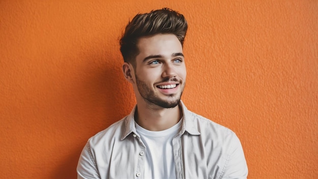 Portrait of nice young man with stylish hairstyle blue eyes and beard in light cool shirt looking