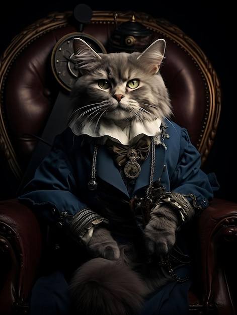 貴族の猫の肖像画 チャートル海賊貴族の衣装 羽毛のH ファッションデザイン 衣装アート
