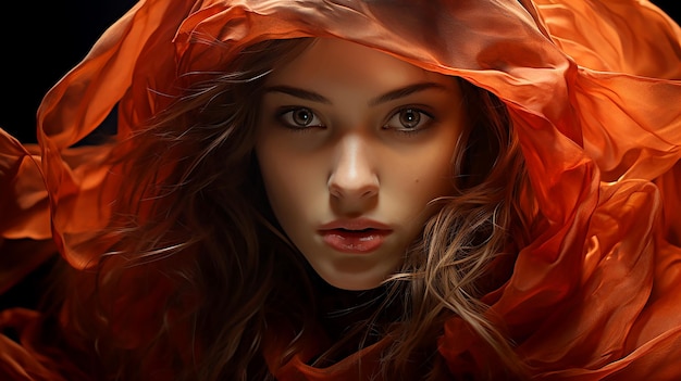 Portrait of a nonexistent fantasy beauty young girl in a red cape looking at the camera AI generated