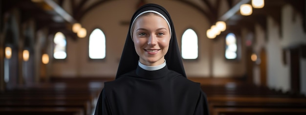 Portrait of a nun against a church background