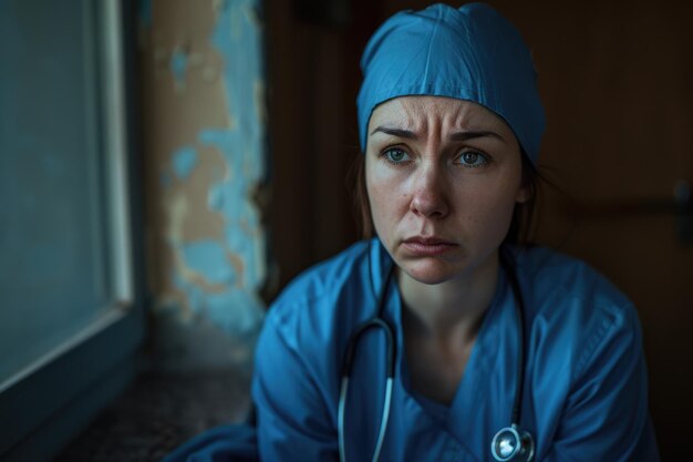 Photo portrait of a nurse who is sad and upset shallow depth of field