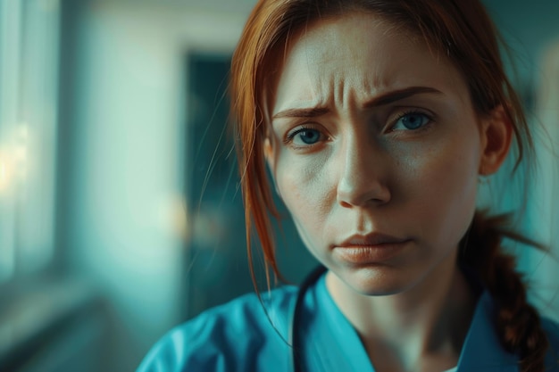 Portrait of a nurse who is sad and upset shallow depth of field