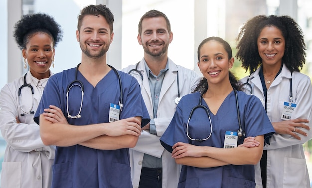 Portrait nurses and doctors at hospital proud empowered and excited about medical collaboration Face healthcare and health expert team united for innovation teamwork and support at a clinic