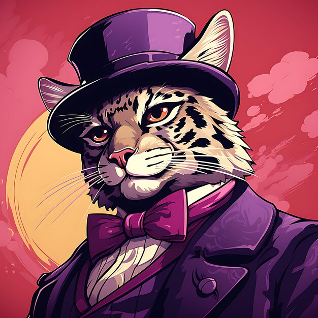 Portrait of Ocelot Holding Top Hat and Cane With Gentleman Pose Vintage Poster 2D Flat Design Art