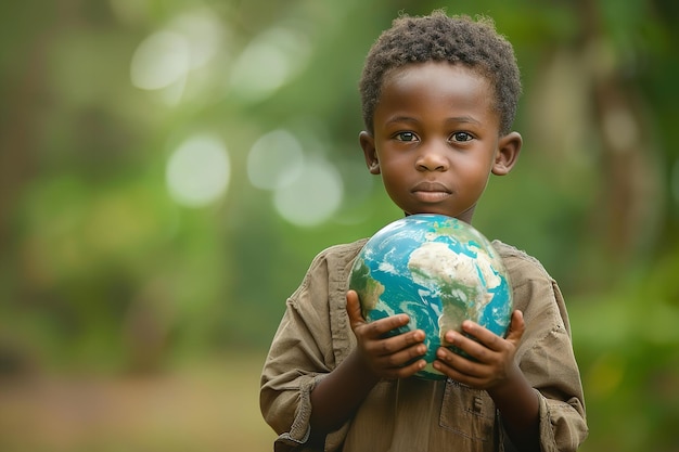 Фото Портрет африканского мальчика, держащего землю или глобус в природе на фоне с большим пространством для текста концепция спасения земли генеративный ии
