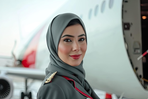 写真 飛行機のキャビンに立っているユニフォームを着た美しいアラブの空姐の肖像画
