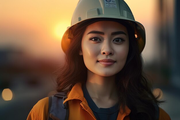 사진 해가 지는 동안 단단한 모자를 입은 아름다운 아시아 여성 엔지니어의 초상화