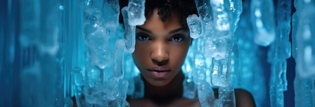 사진 얼음 파노라마에서 아름다운 흑인 여성의 초상화 고품질 사진