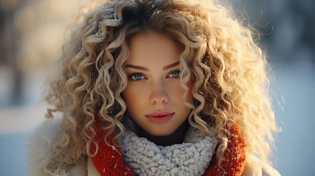 사진 눈 덮인 풍경에 곱슬머리를 한 겨울의 아름다운 금발 여성의 초상화