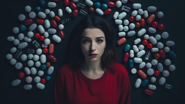 Фото Портрет красивой девушки и много таблеток на темном фоне депрессия зависимость