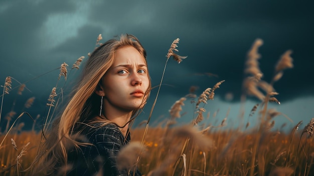 Фото portrait of a beautiful girl in a wheat field at sunset