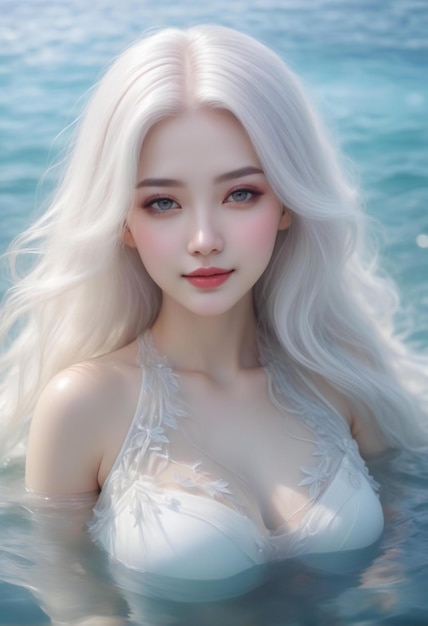 사진 portrait of a beautiful girl with long white hair in the sea