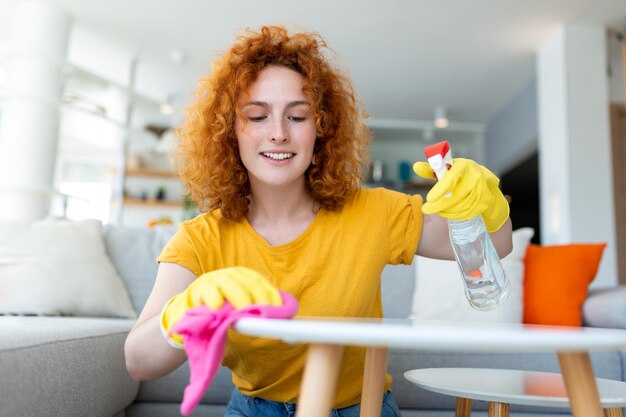 Фото Портрет красивой домохозяйки, убирающей пыль в защитных желтых перчатках
