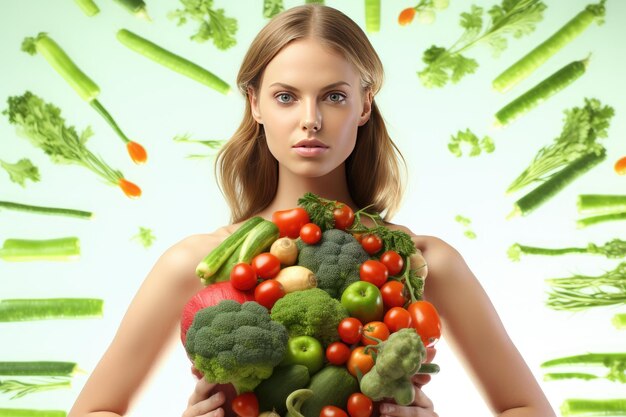 Фото Портрет красивой радостной женщины, окруженной свежими сочными овощами