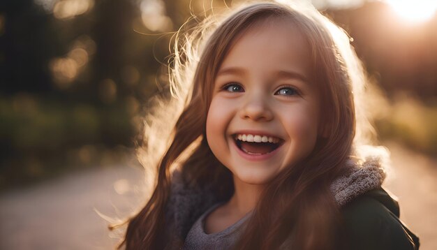 写真 沈む太陽の背景に長いの美しい小さな女の子の肖像画