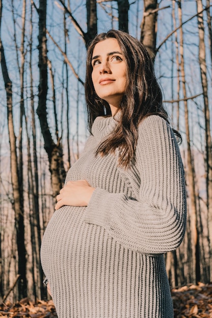 写真 驚くべき風景の真ん中に美しい妊娠した白人女性の肖像画