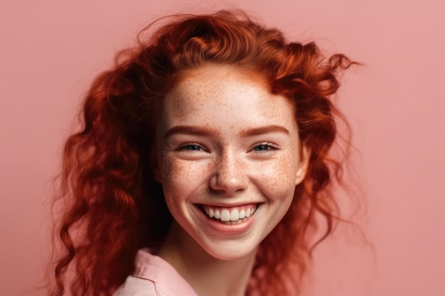 Фото Портрет красивой рыжеволосой молодой женщины, улыбающейся с большим счастьем на розовом фоне