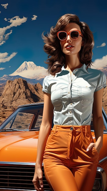 Фото Портрет красивой женщины из 50-х с коричневыми волосами рядом с ее машиной, как в 50-х