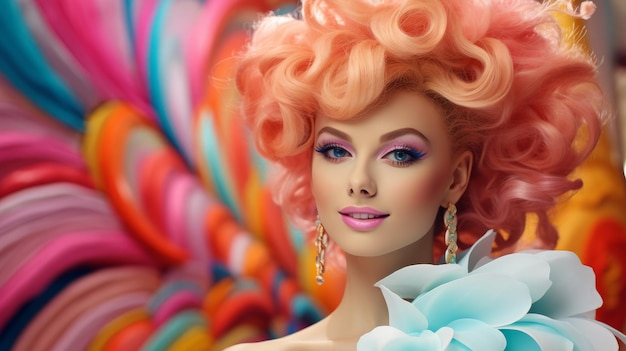 사진 분홍색 곱슬머리와 파란 눈을 가진 아름다운 여성의 초상화